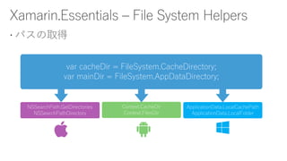  パスの取得
NSSearchPath.GetDirectories
NSSearchPathDirectory
Context.CacheDir
Context.FilesDir
ApplicationData.LocalCachePath
ApplicationData.LocalFolder
var cacheDir = FileSystem.CacheDirectory;
var mainDir = FileSystem.AppDataDirectory;
 