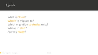Cloud Migration Strategies Slide 3
Agenda
What is Cloud?
Where to migrate to?
Which migration strategies exist?
Where to start?
Are you ready?
 