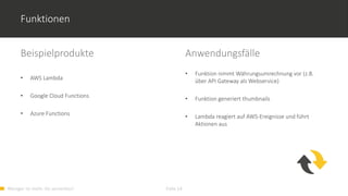 Weniger ist mehr. Go serverless! Folie 14
Funktionen
Beispielprodukte
• AWS Lambda
• Google Cloud Functions
• Azure Functions
Anwendungsfälle
• Funktion nimmt Währungsumrechnung vor (z.B.
über API Gateway als Webservice)
• Funktion generiert thumbnails
• Lambda reagiert auf AWS-Ereignisse und führt
Aktionen aus
 