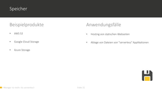 Weniger ist mehr. Go serverless! Folie 15
Speicher
Beispielprodukte
• AWS S3
• Google Cloud Storage
• Azure Storage
Anwendungsfälle
• Hosting von statischen Webseiten
• Ablage von Dateien von "serverless" Applikationen
 