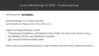 ConSol-Monitoring mit OMD – Funktionsprinzip
Monitoring-Core
Zyklisches Abfragen von Funktionszuständen
durch Aufrufen von Plugins (1min, 5min, 15min, 1h…)
Plugins sind Programme/Scripts, welche
• IT-Komponenten kontaktieren und Zustände ermitteln (Platte voll, Load zu hoch, Queue zu lang,…)
• OK, WARNING, CRITICAL oder UNKNOWN zurückliefern
• ggf. numerische Performancedaten liefern
Gefahr erkannt, Zustandsabfrage definieren, Plugin schreiben, einbinden, fertig – Monitoring erweitert
 