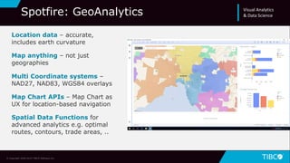 19
Location data – accurate,
includes earth curvature
Map anything – not just
geographies
Multi Coordinate systems –
NAD27, NAD83, WGS84 overlays
Map Chart APIs – Map Chart as
UX for location-based navigation
Spatial Data Functions for
advanced analytics e.g. optimal
routes, contours, trade areas, ..
© Copyright 2000-2019 TIBCO Software Inc.
Spotfire: GeoAnalytics Visual Analytics
& Data Science
 