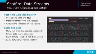 20
Real Time Data Visualization
• User selects time window
• Data Streams shows live-updates
• Calculations (forecast) on live visuals
Users and Data
• Many real-time data sources supported
• Simple data source connector
• Brush-linking – static & real-time visuals
• Same behavior as rest of Spotfire
© Copyright 2000-2019 TIBCO Software Inc.
Spotfire: Data Streams
Real-Time Awareness and Action
Visual Analytics
& Data Science
 