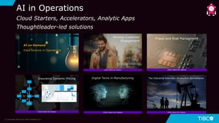 AI in Operations
Cloud Starters, Accelerators, Analytic Apps
Thoughtleader-led solutions
AI on Demand
Data Science in Operations
© Copyright 2000-2019 TIBCO Software Inc.
 