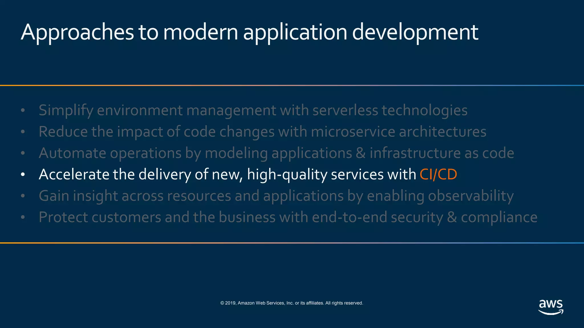 © 2019, Amazon Web Services, Inc. or its affiliates. All rights reserved.
Approaches tomodern applicationdevelopment
• Simplify environment management with serverless technologies
• Reduce the impact of code changes with microservice architectures
• Automate operations by modeling applications & infrastructure as code
• Accelerate the delivery of new, high-quality services with CI/CD
• Gain insight across resources and applications by enabling observability
• Protect customers and the business with end-to-end security & compliance
 