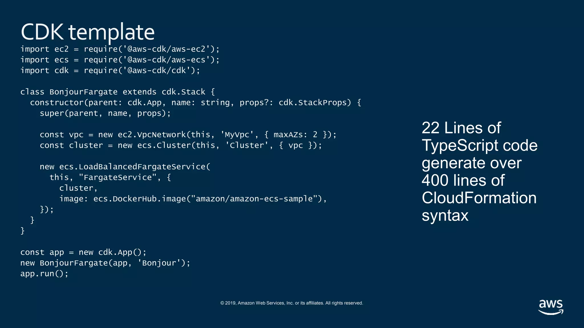 © 2019, Amazon Web Services, Inc. or its affiliates. All rights reserved.
CDKtemplate
import ec2 = require('@aws-cdk/aws-ec2');
import ecs = require('@aws-cdk/aws-ecs');
import cdk = require('@aws-cdk/cdk');
class BonjourFargate extends cdk.Stack {
constructor(parent: cdk.App, name: string, props?: cdk.StackProps) {
super(parent, name, props);
const vpc = new ec2.VpcNetwork(this, 'MyVpc', { maxAZs: 2 });
const cluster = new ecs.Cluster(this, 'Cluster', { vpc });
new ecs.LoadBalancedFargateService(
this, "FargateService", {
cluster,
image: ecs.DockerHub.image("amazon/amazon-ecs-sample"),
});
}
}
const app = new cdk.App();
new BonjourFargate(app, 'Bonjour');
app.run();
 