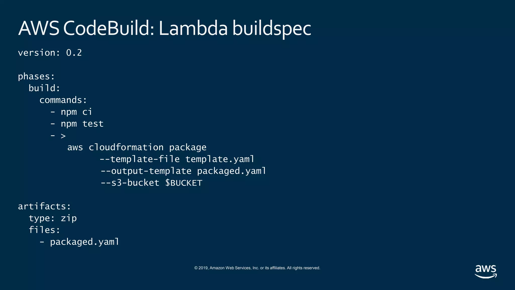 © 2019, Amazon Web Services, Inc. or its affiliates. All rights reserved.
AWSCodeBuild: Lambda buildspec
version: 0.2
phases:
build:
commands:
- npm ci
- npm test
- >
aws cloudformation package
--template-file template.yaml
--output-template packaged.yaml
--s3-bucket $BUCKET
artifacts:
type: zip
files:
- packaged.yaml
 