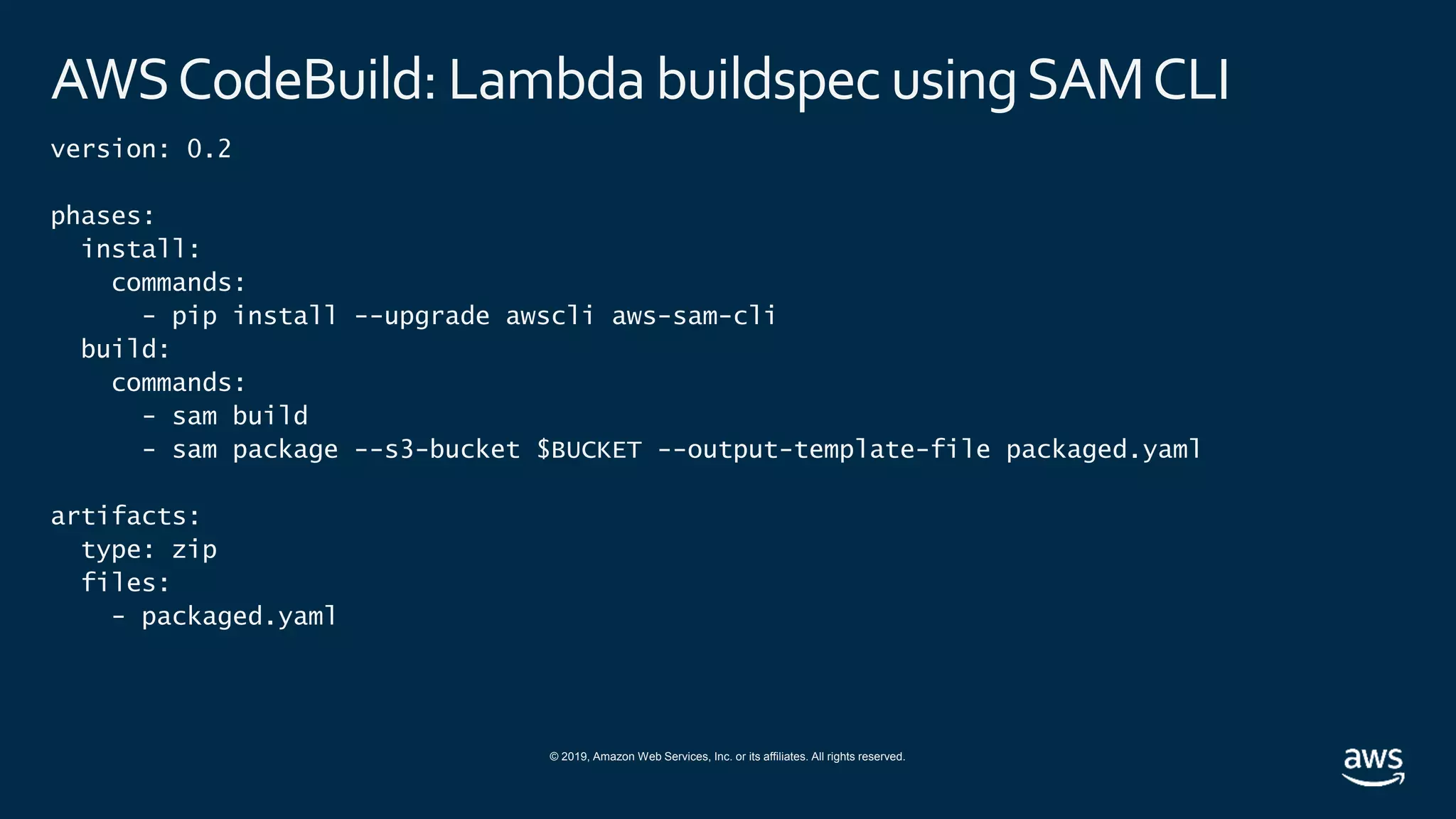 © 2019, Amazon Web Services, Inc. or its affiliates. All rights reserved.
AWSCodeBuild: Lambda buildspec usingSAMCLI
version: 0.2
phases:
install:
commands:
- pip install --upgrade awscli aws-sam-cli
build:
commands:
- sam build
- sam package --s3-bucket $BUCKET --output-template-file packaged.yaml
artifacts:
type: zip
files:
- packaged.yaml
 