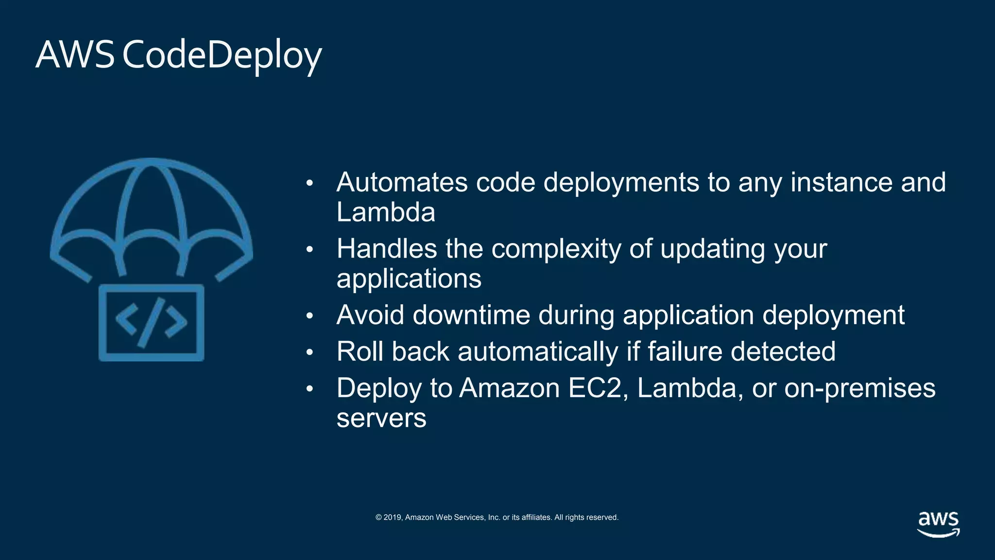 © 2019, Amazon Web Services, Inc. or its affiliates. All rights reserved.
AWSCodeDeploy
• Automates code deployments to any instance and
Lambda
• Handles the complexity of updating your
applications
• Avoid downtime during application deployment
• Roll back automatically if failure detected
• Deploy to Amazon EC2, Lambda, or on-premises
servers
 