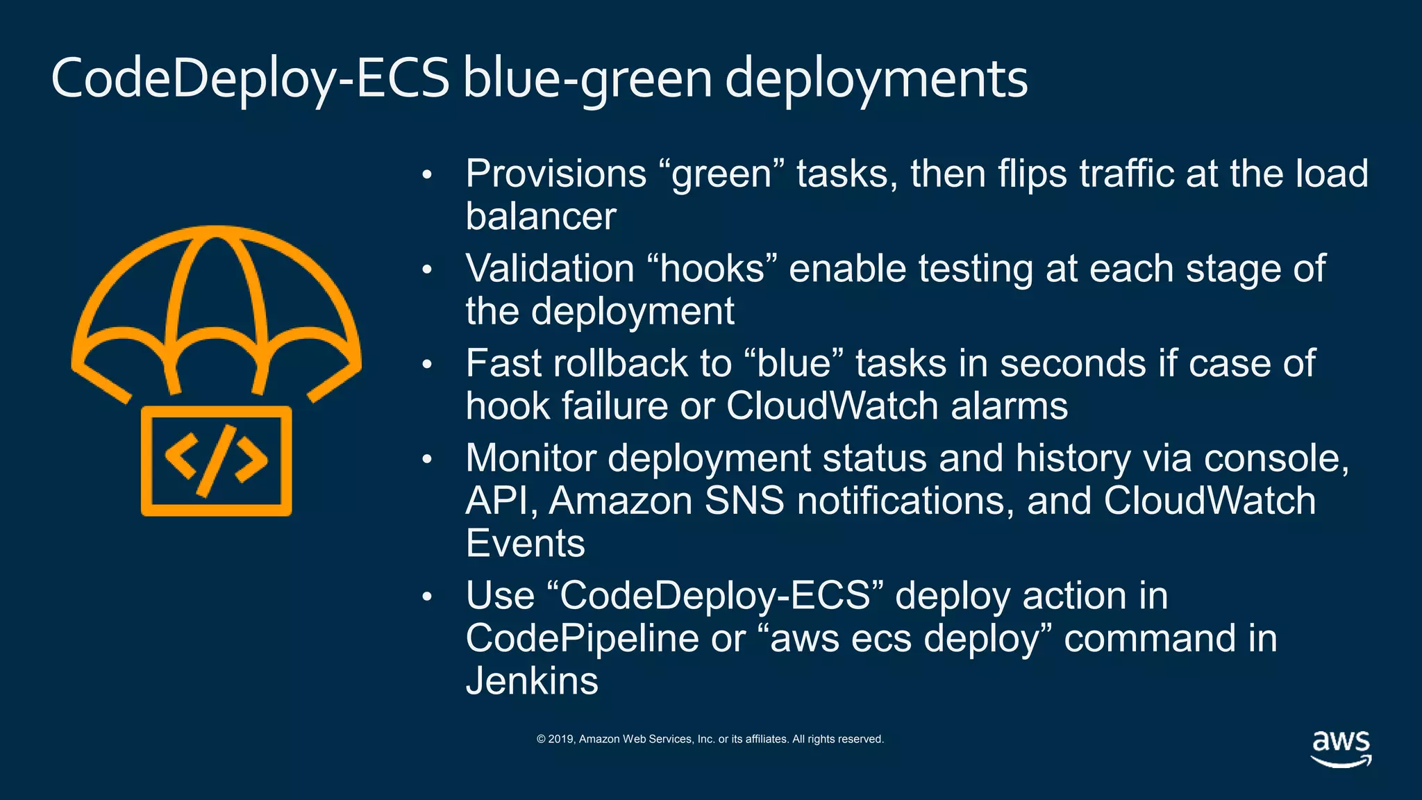 © 2019, Amazon Web Services, Inc. or its affiliates. All rights reserved.
CodeDeploy-ECS blue-green deployments
• Provisions “green” tasks, then flips traffic at the load
balancer
• Validation “hooks” enable testing at each stage of
the deployment
• Fast rollback to “blue” tasks in seconds if case of
hook failure or CloudWatch alarms
• Monitor deployment status and history via console,
API, Amazon SNS notifications, and CloudWatch
Events
• Use “CodeDeploy-ECS” deploy action in
CodePipeline or “aws ecs deploy” command in
Jenkins
 
