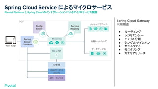 Spring Cloud Service によるマイクロサービス
Pivotal Platform と Spring Cloud のインテグレーションによるマイクロサービス開発
Config
Server
Service
Registry
Spring
Cloud
Gateway
メッセージブローカ
データサービス
分散トレーシング
ID管理
Webサービス
(SOA)
API モノリス
Spring Cloud Gateway
利用用途
● ルーティング
● レジリエンシー
● モノリス分離
● シングルサインオン
● セキュリティ
● モニタリング
● カナリアリリース
 