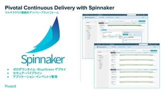 Pivotal Continuous Delivery with Spinnaker
マルチクラウド継続的デリバリープラットフォーム
● ゼロダウンタイム・Blue/Green デプロイ
● セキュア・パイプライン
● アプリケーション・インベントリ管理
 
