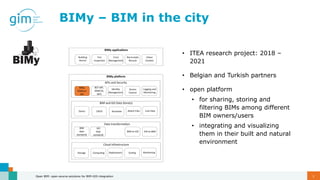 BIMy – BIM in the city
• ITEA research project: 2018 –
2021
• Belgian and Turkish partners
• open platform
• for sharing, ...