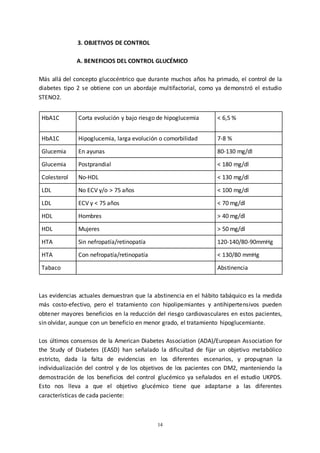 14
3. OBJETIVOS DE CONTROL
A. BENEFICIOS DEL CONTROL GLUCÉMICO
Más allá del concepto glucocéntrico que durante muchos años ha primado, el control de la
diabetes tipo 2 se obtiene con un abordaje multifactorial, como ya demonstró el estudio
STENO2.
HbA1C Corta evolución y bajo riesgo de hipoglucemia < 6,5 %
HbA1C Hipoglucemia, larga evolución o comorbilidad 7-8 %
Glucemia En ayunas 80-130 mg/dl
Glucemia Postprandial < 180 mg/dl
Colesterol No-HDL < 130 mg/dl
LDL No ECV y/o > 75 años < 100 mg/dl
LDL ECV y < 75 años < 70 mg/dl
HDL Hombres > 40 mg/dl
HDL Mujeres > 50 mg/dl
HTA Sin nefropatía/retinopatía 120-140/80-90mmHg
HTA Con nefropatía/retinopatía < 130/80 mmHg
Tabaco Abstinencia
Las evidencias actuales demuestran que la abstinencia en el hábito tabáquico es la medida
más costo-efectivo, pero el tratamiento con hipolipemiantes y antihipertensivos pueden
obtener mayores beneficios en la reducción del riesgo cardiovasculares en estos pacientes,
sin olvidar, aunque con un beneficio en menor grado, el tratamiento hipoglucemiante.
Los últimos consensos de la American Diabetes Association (ADA)/European Association for
the Study of Diabetes (EASD) han señalado la dificultad de fijar un objetivo metabólico
estricto, dada la falta de evidencias en los diferentes escenarios, y propugnan la
individualización del control y de los objetivos de los pacientes con DM2, manteniendo la
demostración de los beneficios del control glucémico ya señalados en el estudio UKPDS.
Esto nos lleva a que el objetivo glucémico tiene que adaptarse a las diferentes
características de cada paciente:
 
