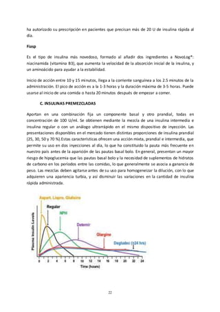 22
ha autorizado su prescripción en pacientes que precisan más de 20 U de insulina rápida al
día.
Fiasp
Es el tipo de insulina más novedoso, formado al añadir dos ingredientes a NovoLog®:
niacinamida (vitamina B3), que aumenta la velocidad de la absorción inicial de la insulina, y
un aminoácido para ayudar a la estabilidad.
Inicio de acción entre 10 y 15 minutos, llega a la corriente sanguínea a los 2.5 minutos de la
administración. El pico de acción es a la 1-3 horas y la duración máxima de 3-5 horas. Puede
usarse al inicio de una comida o hasta 20 minutos después de empezar a comer.
C. INSULINAS PREMEZCLADAS
Aportan en una combinación fija un componente basal y otro prandial, todas en
concentración de 100 U/ml. Se obtienen mediante la mezcla de una insulina intermedia e
insulina regular o con un análogo ultrarrápido en el mismo dispositivo de inyección. Las
presentaciones disponibles en el mercado tienen distintas proporciones de insulina prandial
(25, 30, 50 y 70 %).Estas características ofrecen una acción mixta, prandial e intermedia, que
permite su uso en dos inyecciones al día, lo que ha constituido la pauta más frecuente en
nuestro país antes de la aparición de las pautas basal bolo. En general, presentan un mayor
riesgo de hipoglucemia que las pautas basal bolo y la necesidad de suplementos de hidratos
de carbono en los períodos entre las comidas, lo que generalmente se asocia a ganancia de
peso. Las mezclas deben agitarse antes de su uso para homogeneizar la dilución, con lo que
adquieren una apariencia turbia, y así disminuir las variaciones en la cantidad de insulina
rápida administrada.
 