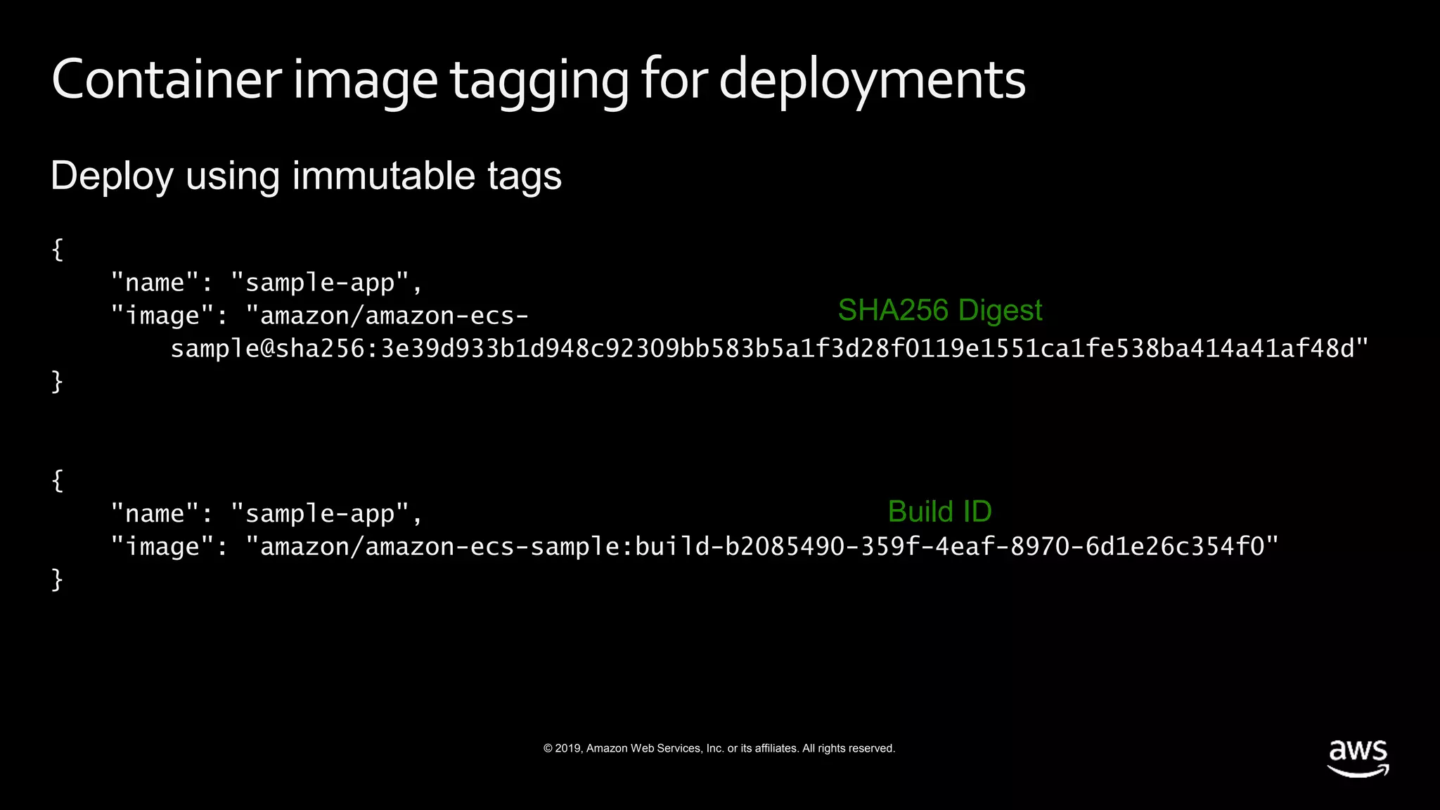 © 2019, Amazon Web Services, Inc. or its affiliates. All rights reserved.
Container imagetagging for deployments
Deploy using immutable tags
{
"name": "sample-app",
"image": "amazon/amazon-ecs-
sample@sha256:3e39d933b1d948c92309bb583b5a1f3d28f0119e1551ca1fe538ba414a41af48d"
}
{
"name": "sample-app",
"image": "amazon/amazon-ecs-sample:build-b2085490-359f-4eaf-8970-6d1e26c354f0"
}
SHA256 Digest
Build ID
 