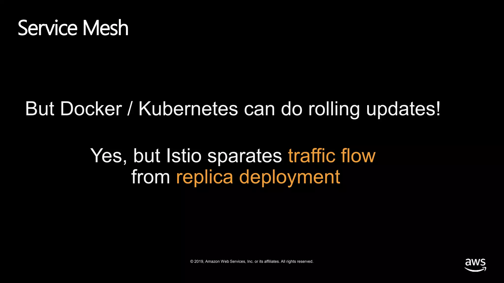 © 2019, Amazon Web Services, Inc. or its affiliates. All rights reserved.
Service Mesh
But Docker / Kubernetes can do rolling updates!
Yes, but Istio sparates traffic flow
from replica deployment
 