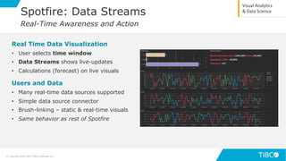 37
Real Time Data Visualization
• User selects time window
• Data Streams shows live-updates
• Calculations (forecast) on live visuals
Users and Data
• Many real-time data sources supported
• Simple data source connector
• Brush-linking – static & real-time visuals
• Same behavior as rest of Spotfire
© Copyright 2000-2019 TIBCO Software Inc.
Spotfire: Data Streams
Real-Time Awareness and Action
Visual Analytics
& Data Science
 