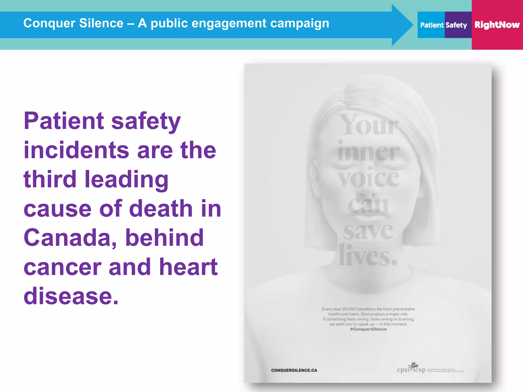 Conquer Silence – A public engagement campaign
Patient safety
incidents are the
third leading
cause of death in
Canada, behind
cancer and heart
disease.
 