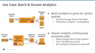 © 2019 Ververica 14
Use Case: Batch & Stream Analytics
● Batch analytics is great for ad-hoc
queries
○ Queries change faster than data
○ Interactive analytics / prototyping
● Stream analytics continuously
processes data
○ Data changes faster than queries
○ Live / low latency results
○ No Lambda architecture required!
 