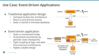 © 2019 Ververica 15
Use Case: Event-Driven Applications
● Traditional application design
○ Compute & data tier architecture
○ React to and process events
○ State is stored in (remote) database
● Event-driven application
○ State is maintained locally
○ Guaranteed consistency by
periodic state checkpoints
○ Tight coupling of logic and data
(microservice architecture)
○ Highly scalable design
 