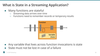 © 2019 Ververica 20
What is State in a Streaming Application?
● Many functions are stateful
○ Streaming data arrives over time
○ Functions need to remember records or temporary results
● Any variable that lives across function invocations is state
● State must not be lost in case of a failure
 