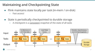 © 2019 Ververica 21
Maintaining and Checkpointing State
● Flink maintains state locally per task (in-mem / on-disk)
○ Fast access!
● State is periodically checkpointed to durable storage
○ A checkpoint is a consistent snapshot of the state of all tasks
 