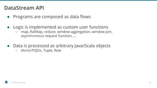 © 2019 Ververica 33
DataStream API
● Programs are composed as data flows
● Logic is implemented as custom user functions
○ map, flatMap, reduce, window aggregation, window join,
asynchronous request function, …
● Data is processed as arbitrary Java/Scala objects
○ (Avro) POJOs, Tuple, Row
 