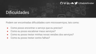 Diﬁculdades
Podem ser encontradas diﬁculdades com microsserviços, tais como:
● Como posso encontrar o serviço que eu preciso?
● Como eu posso escalonar meus serviços?
● Como eu posso testar minhas novas versões dos serviços?
● Como eu posso testar contra falhas?
 