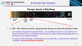 Evolución del Universo
19
• t  300 - 600 millones de años: agrupamiento del gas en forma de grandes nubes.
– Las nubes se...
