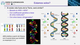 Estamos solos?
79
• Si existe vida fuera de la Tierra, será similar?
– Basada en ARN + ADN?
– Con codificación genética a ...