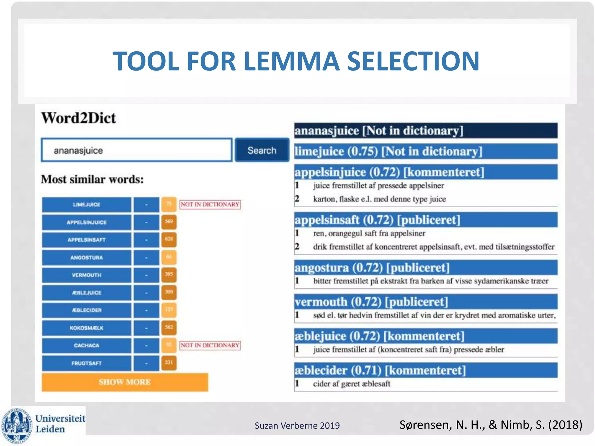 TOOL FOR LEMMA SELECTION
Suzan Verberne 2019 Sørensen, N. H., & Nimb, S. (2018)
 