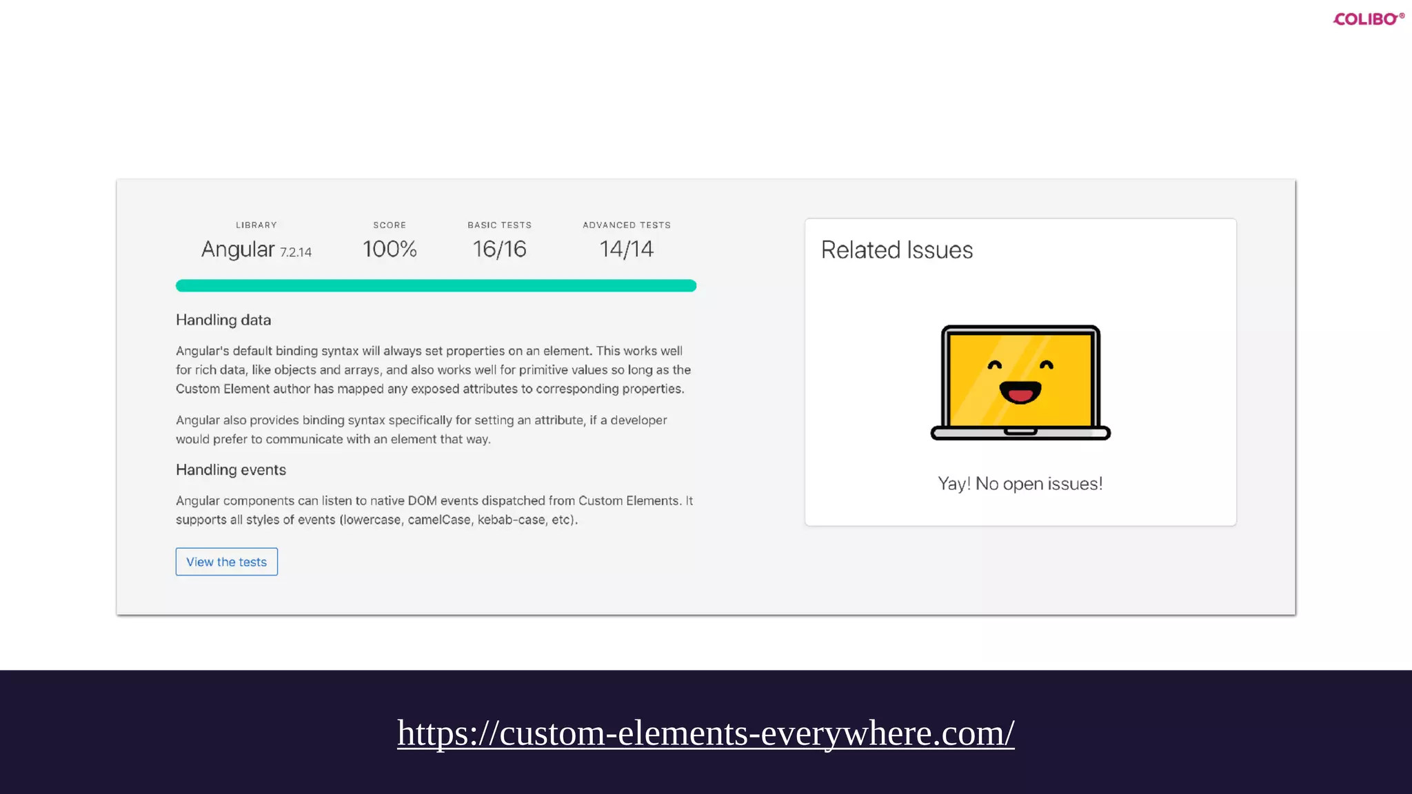 https://custom-elements-everywhere.com/
 
