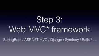 Step 3:
Web MVC* framework 
SpringBoot / ASP.NET MVC / Django / Symfony / Rails / ...
 