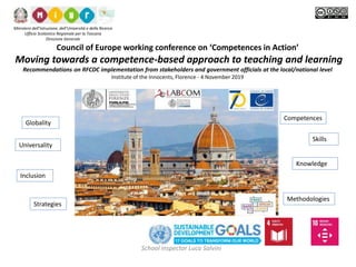 Competences
Knowledge
Skills
Globality
Universality
Strategies
Methodologies
Inclusion
Council of Europe working conference on ‘Competences in Action’
Moving towards a competence-based approach to teaching and learning
Recommendations on RFCDC implementation from stakeholders and government officials at the local/national level
Institute of the Innocents, Florence - 4 November 2019
School inspector Luca Salvini
Ministero dell’Istruzione, dell’Università e della Ricerca
Ufficio Scolastico Regionale per la Toscana
Direzione Generale
 