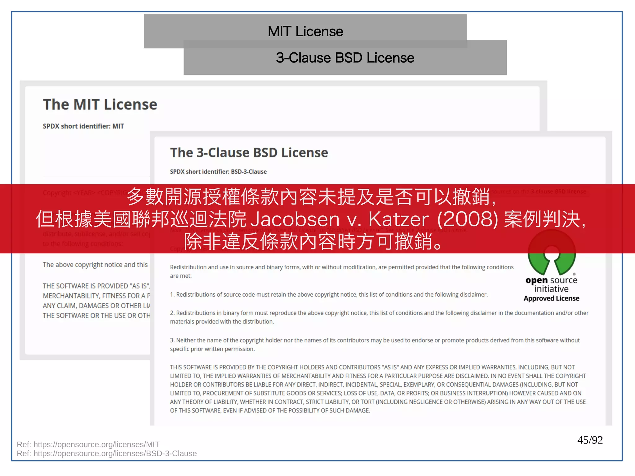 45/92Ref: https://opensource.org/licenses/MIT
Ref: https://opensource.org/licenses/BSD-3-Clause
MIT License
3-Clause BSD License
多數開源授權條款內容未提及是否可以撤銷，
但根據美國聯邦巡迴法院 Jacobsen v. Katzer (2008) 案例判決，
除非違反條款內容時方可撤銷。
 