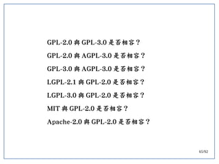 65/92
GPL-2.0 與 GPL-3.0 是否相容？
GPL-2.0 與 AGPL-3.0 是否相容？
GPL-3.0 與 AGPL-3.0 是否相容？
LGPL-2.1 與 GPL-2.0 是否相容？
LGPL-3.0 與 GPL-2....