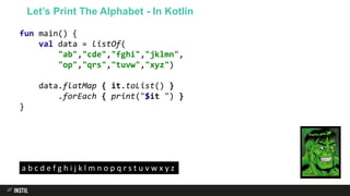 fun main() {
val data = listOf(
"ab","cde","fghi","jklmn",
"op","qrs","tuvw","xyz")
data.flatMap { it.toList() }
.forEach { print("$it ") }
}
Let’s Print The Alphabet - In Kotlin
a b c d e f g h i j k l m n o p q r s t u v w x y z
 