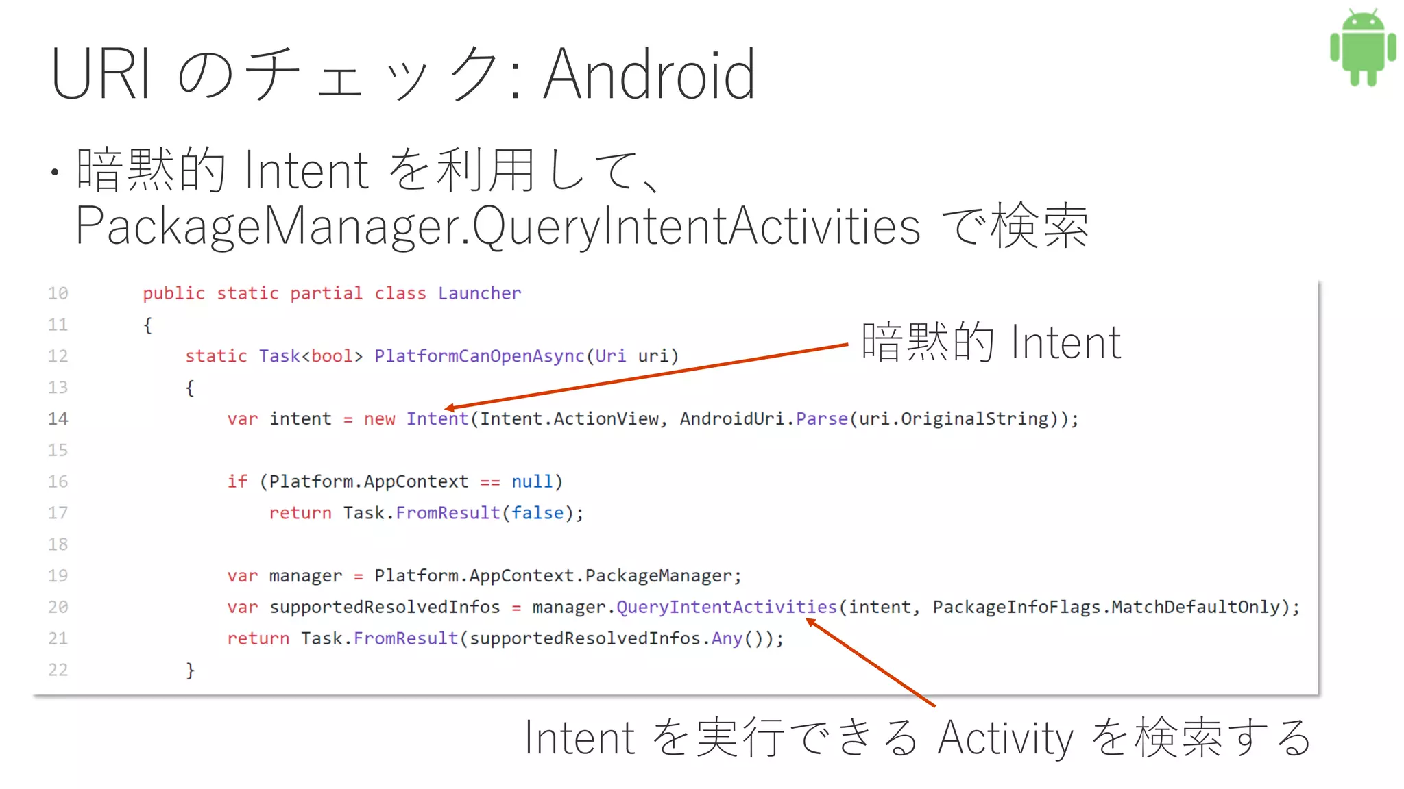 暗黙的 Intent
Intent を実行できる Activity を検索する
 