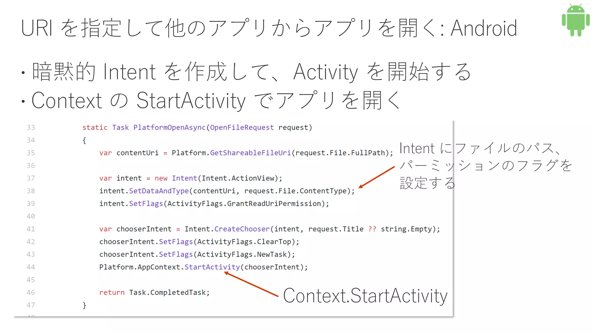 Context.StartActivity
Intent にファイルのパス、
パーミッションのフラグを
設定する
 