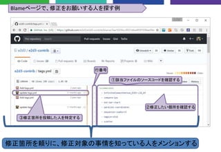 ①該当ファイルのソースコードを確認する
Blameページで、修正をお願いする人を探す例
行番号
②修正したい個所を確認する
③修正箇所を投稿した人を特定する
修正箇所を頼りに、修正対象の事情を知っている人をメンションする
 