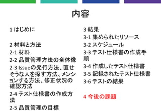 内容
1 はじめに
2 材料と方法
2-1 材料
2-2 品質管理方法の全体像
2-3 Issueの発行方法、直せ
そうな人を探す方法、メンシ
ョンする方法、修正状況の
確認方法
2-4 テスト仕様書の作成方
法
2-5 品質管理の目標
3 結果
3-1 集められたリソース
3-2 スケジュール
3-3 テスト仕様書の作成手
順
3-4 作成したテスト仕様書
3-5 記録されたテスト仕様書
3-6 テストの結果
4 今後の課題
 
