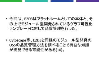 • 今回は、E2D3はプラットホームとしての本体と、そ
の上でモジュール型開発されているグラフ可視化
テンプレートに対して品質管理を行った。
• Cytoscape等、E2D3と同様のモジュール型開発の
OSSの品質管理方法を調べることで有益な知識
が発見できる可能性がある[10]。
 