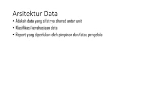 Arsitektur Data
• Adakah data yang sifatnya shared antar unit
• Klasifikasi kerahasiaan data
• Report yang diperlukan oleh pimpinan dan/atau pengelola
 
