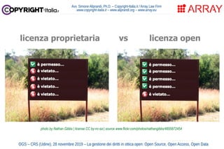 Avv. Simone Aliprandi, Ph.D. – Copyright-Italia.it / Array Law Firm
www.copyright-italia.it – www.aliprandi.org – www.array.eu
OGS – CRS (Udine), 28 novembre 2019 – La gestione dei diritti in ottica open: Open Source, Open Access, Open Data
licenza proprietaria vs licenza open
photo by Nathan Gibbs | license CC by-nc-sa | source www.flickr.com/photos/nathangibbs/4855872454
 