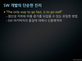 SW 개발의 단순한 진리
• “The only way to go fast, is to go well”
–생산성 저하와 비용 증가를 뒤집을 수 있는 유일한 방법
–SW 아키텍처의 품질에 대해서 신중해져야
Clean Architecture
 