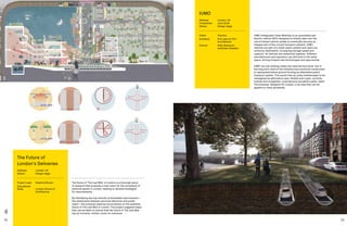 72 73
IUMO (Integrated Urban Mobility) is an automated and
electric vehicle (AEV) designed to initially take over the
role of shared vehicle rentals to eventually become an
integral part of the current transport network. IUMO
vehicles are part of a wider public system and users are
sorted by destination, increasing average speed and
capacity. As vehicles are networked together, different
manufacturers and operators can still exist in the same
space, driving forward new technologies and approaches.
IUMO can use existing roads and reserved bus lanes, but in
the long term most of the infrastructure would be constructed
or repurposed below ground forming an alternative public
transport system. This would free up urban streetscapes to be
reimagined as alternative uses. Streets and roads, currently
snarled and congested, could become wonderful public realm.
The proposal, designed for London, is an idea that can be
applied to cities worldwide.
IUMO
Address:	London, UK
Completion: 	 June 2018
Status: 	Design stage
Client: 	 Vinnova
Architect:	PLP Labs for PLP
Architecture
Partner:	RISE (Research
Institutes Sweden)
The future of ‘The Last Mile’ in London is a thorough piece
of research that proposes a new vision for the movement of
personal goods in London, seeking to develop strategies
for improvements.
By identifying two key strands of immediate improvement—
the relationship between personal deliveries and public
realm—the proposal explores provocations on the potential
future of The Last Mile in London. The project suggests steps
that can be taken to ensure that the future of The Last Mile
has an inclusive, holistic vision for everyone.
The Future of
London’s Deliveries
Address:	London, UK
Status: 	 Design stage
Project Lead: 	 HawkinsBrown
Educational
Body:	London School of
Architecture
 