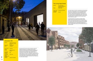 128 129
Grosvenor Hill
Address:	Grosvenor Hill, City of
Westminster, London,
W1, UK
Completion: 	 January 2016
Status: 	Completed
Project Lead:	 Grosvenor
Project
Partner:	Westminster City
Council
Landscape
Architect:	BDP
Transport
Consultant:	 Urban Flow
Project
Management 
Quantity
Surveyor:	 Gardiner  Theobald
At Grosvenor Hill, the vision was to transform a quiet and
neglected backwater to a reimagined creative district.
Grosvenor Hill was formerly characterised by relatively poor
public realm which prioritised cars, some underwhelming
architecture and low footfall. Today, Grosvenor Hill is
transformed, providing a high-quality place for people. The
project delivers our vision to re-establish a creative district, fit
for the twenty first century and beyond. We delivered 1,700m
of new shared space, new high quality surface finishes, new
and decorative public lighting, seating and new infrastructure
for surface water drainage.
The Living High Street
Address:	The Town Centre,
Letchworth Garden City,
Hertfordshire, UK
Status: 	Design stage
Project Lead:	 Hutchinson  Partners
Landscape
Architect:	Planit-IE
This project seeks to provide a comprehensive and sustainable
approach to housing delivery, town centre regeneration and
the reduction of dependency on non-sustainable modes of
transport. The proposal uses Letchworth Garden City as a
test case to show how the introduction of new homes on car
parks, service yards and underdeveloped sites, could provide
a population that would perpetuate demand for shops, leisure
and entertainment in a walkable city with excellent public
transport links into London.
Increasing awareness of the impact of climate change,
together with new technologies transforming travel and
delivery modes, mean that vehicle use is no longer as central
as it once was. Without the need for space for cars and heavy
goods vehicles, town centres have the opportunity to reclaim
this underutilised space for communities, providing new
homes, energised high streets and create healthier unpolluted
walkable streets.
 