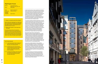 136 137
A retail arcade restores a historic pedestrian link between
Stratton Street and Curzon Street that has been lost since
the early 18th century. The arcade lies on the most direct
route between Green Park Underground Station to the
south and Bond Street Crossrail to the north, transforming
patterns of movement in modern Mayfair. Westminster
City Council and the GLA have recognised that this
new pedestrian retail arcade in South Mayfair will be a
substantial public benefit, as it will help to better connect
the new Crossrail Station in Davies Street to Green Park
and the streets south of Berkeley Square.
The proposal reinstates residential apartments on the site
complementing the mixed-use character and very essence
of the area, while offering views over Green Park and
Berkeley Square. Firmly rooted in place, the approach took
reference from the traditional retail galleria characteristic
of this part of Westminster. Architecturally, Nightingale
House will be a contemporary building whose design both
engages in the rich architectural traditions of the locale
and enhances the setting of the adjacent historic buildings
on Stratton Street. The design and material quality of
the new building were informed by the local Mayfair
townscape character and specific view analysis from
Berkeley Square, Stratton Street and Curzon Street.
Working with Space Syntax, opportunities for
pedestrian movement through the Mayfair and St James
neighbourhoods were evaluated against the background
of change arising from the opening of Crossrail stations
to the north of the site. Analysis demonstrated that the
existing building acted as a barrier to movement and a
transformation in pedestrian movement intensity would
be achieved if a direct connection obtained from Green
Park, Stratton to Curzon Streets and Berkeley Square, with
the additional benefit of enhancing pedestrian comfort by
releasing pressure on nearby Berkeley Street.
Space Syntax’s spatial integration model of Mayfair
provided a high degree of accuracy in reflecting observed
and predicted pedestrian movement. The existing dead-
end condition on Stratton Street results in very modest
pedestrian flows. Currently, of the twelve streets running
north from Piccadilly, Stratton Street is the least well used.
The arcade dramatically transforms these circumstances
creating a new public route which is a rare addition in any
established city.
The retail arcade will not only enhance the pedestrian
environment in the West End. The proposal also plays
a significant role in the renewal of the southern part of
the Conservation Area and will improve the north-south
connection between Green Park and Berkeley Square,
which helps revitalising the retail landscape around Curzon
Street and nearby Shepherd Market.
	 What is innovative about this project?
With its retail arcade, Nightingale House creates a new
public route which is a rare addition in any established
city. A spatial integration model of Mayfair provided a
high degree of accuracy in reflecting observed and
predicted pedestrian movement.
	What is the impact on the street and
its users?
The retail arcade will enhance the pedestrian
environment in West End. The proposal also plays a
significant role in the renewal of the southern part
of the Conservation Area and will improve the north-
south connection between Green Park and Berkeley
Square, which helps revitalising the retail landscape
around Curzon Street and nearby Shepherd Market.
Nightingale House
Address:	Curzon Street, City of
Westminster, W1, London, UK
Status: 	Design stage
Client: 	 Maple Springfield Ltd
Project Lead: 	 Pilbrow  Partners
Pedestrian
movement
consultant:	 Space Syntax
Top 3 Improvements
1	 	Transforming Stratton Street, the least well-
used of all the streets running north from
Piccadilly, into an attractive street.
2	 	Allocating 15 per cent of the site area to
retail and restaurant use open to the public,
resulting in the activation of the street
(previously 100 per cent offices with no
public accessibility).
3	 	Strengthening the Mayfair retail opportunity
area creating a new pedestrian route with
a six-meter-high double storey publicly
accessible retail arcade.
 