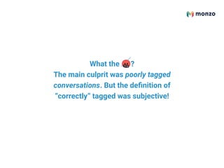 What the 🤬?
The main culprit was poorly tagged
conversations. But the deﬁnition of
“correctly” tagged was subjective!
 